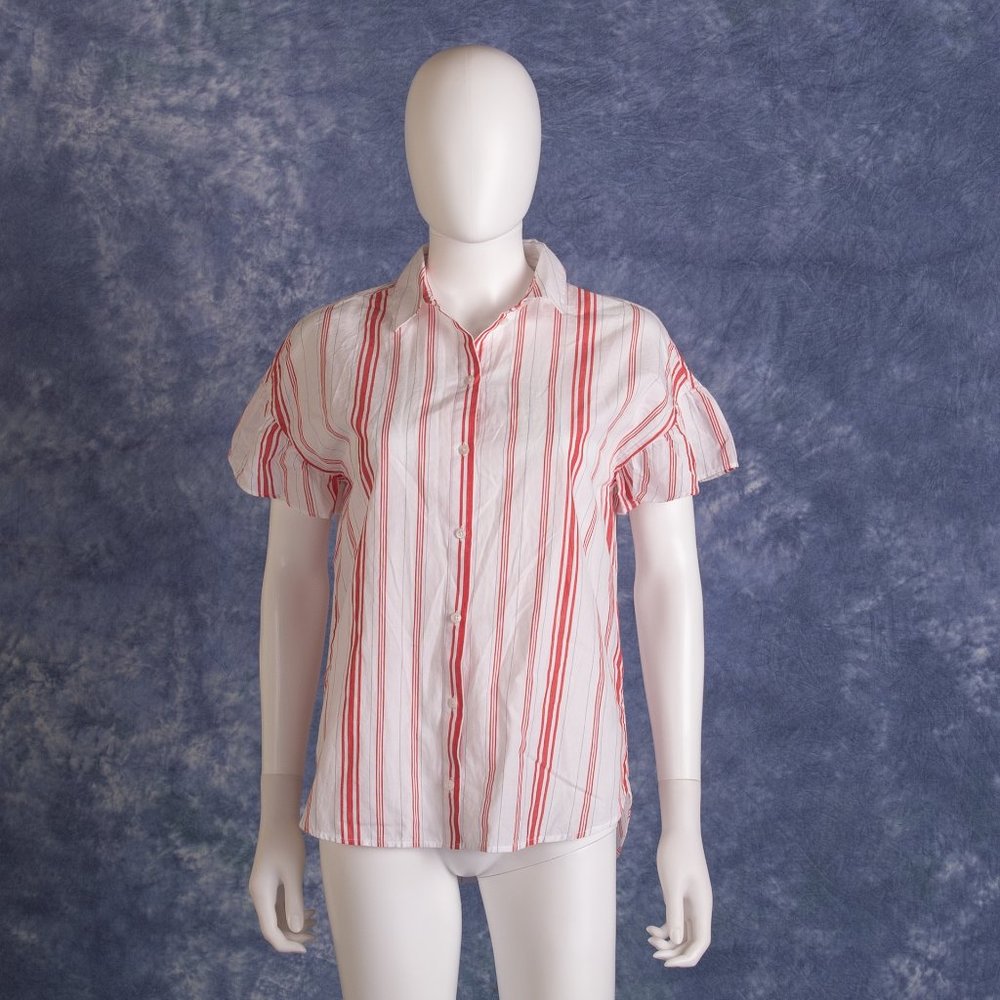 Madewell Carey Stripe Central Shirt XXS Red White Ruffle Sleeve Cotton Boho